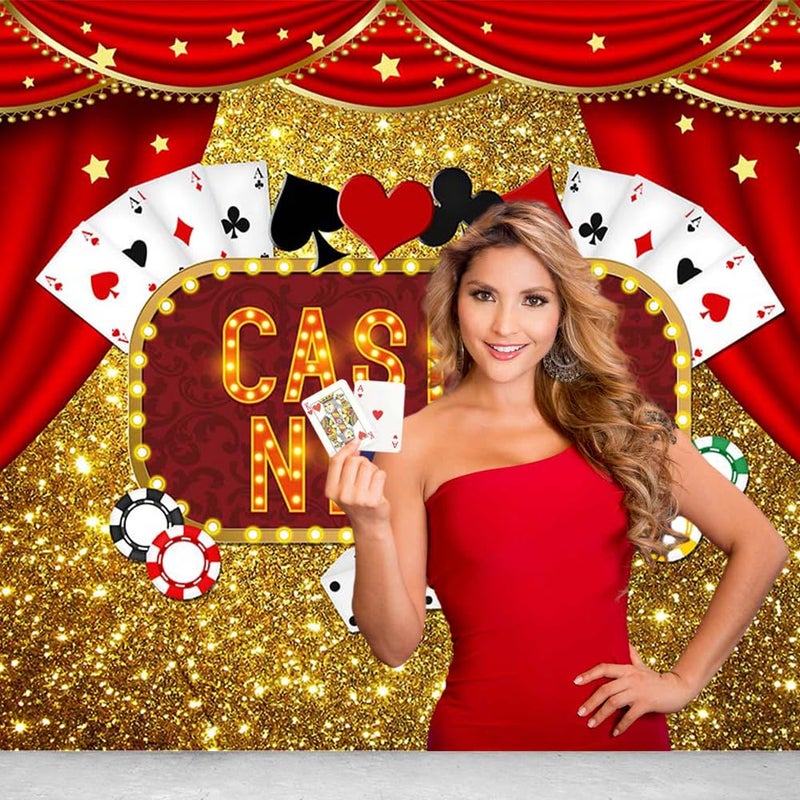 Fanghui Casino Night Poker Dice Red Curtains Photography Backdrop Vinyl Las Vegas Gold Glitter Bokeh Photo Background Birthday Party Banner Decorations Banner 7x5ft Photo Booths Studio Props Dessert Table - Image 2